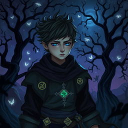 In a dark and mystical kingdom where the sun never rises, a young cursed prince with an intriguing yet somber expression navigates through a hauntingly beautiful landscape of eternal night
