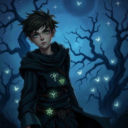 In a dark and mystical kingdom where the sun never rises, a young cursed prince with an intriguing yet somber expression navigates through a hauntingly beautiful landscape of eternal night