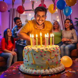 A vibrant and festive birthday celebration featuring a large, colorful birthday cake with candles lit, surrounded by cheerful decorations like balloons and streamers