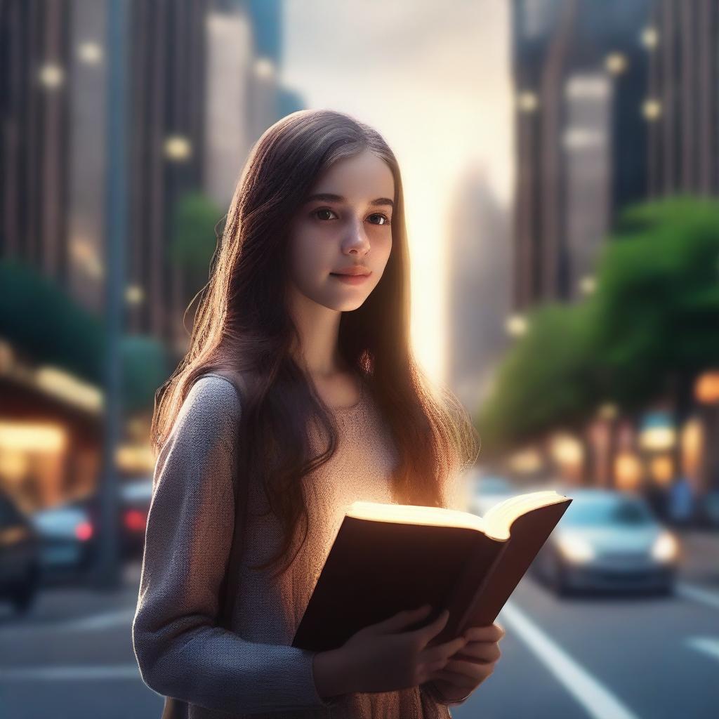 A hyper-realistic 4K image portraying a girl with long brown hair holding a book, surrounded by a glowing ring of light