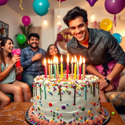A vibrant and festive birthday celebration featuring a large, colorful birthday cake with candles lit, surrounded by cheerful decorations like balloons and streamers