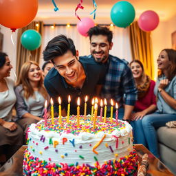 A vibrant and festive birthday celebration featuring a large, colorful birthday cake with candles lit, surrounded by cheerful decorations like balloons and streamers