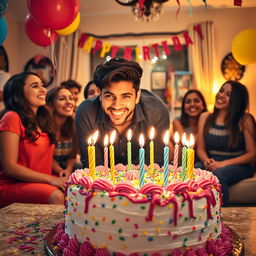 A vibrant and festive birthday celebration featuring a large, colorful birthday cake with candles lit, surrounded by cheerful decorations like balloons and streamers