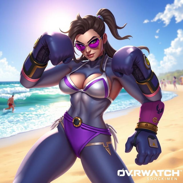 A dynamic and fierce depiction of Widowmaker from Overwatch, wearing a stylish bikini, standing on a sandy beach ready to box