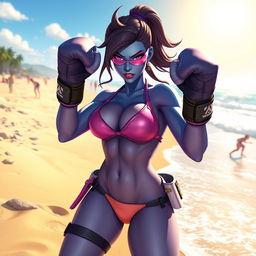 A dynamic and fierce depiction of Widowmaker from Overwatch, wearing a stylish bikini, standing on a sandy beach ready to box