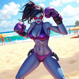 A dynamic and fierce depiction of Widowmaker from Overwatch, wearing a stylish bikini, standing on a sandy beach ready to box