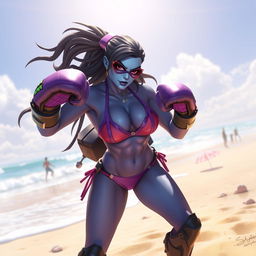 A dynamic and fierce depiction of Widowmaker from Overwatch, wearing a stylish bikini, standing on a sandy beach ready to box