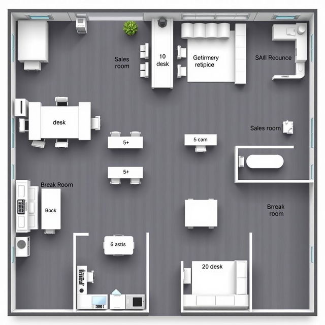 An architectural layout of a corporate office that incorporates all specified areas: an administrative office with 10 desks, a break room featuring 10 desks, a sales department equipped with 5 desks, a human resources department containing 5 desks, a large meeting room accommodating 20 desks, and a second break room with 10 desks