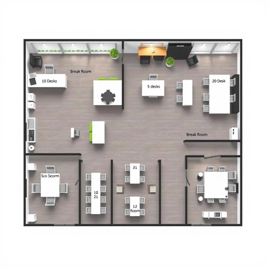 An architectural layout of a corporate office that incorporates all specified areas: an administrative office with 10 desks, a break room featuring 10 desks, a sales department equipped with 5 desks, a human resources department containing 5 desks, a large meeting room accommodating 20 desks, and a second break room with 10 desks