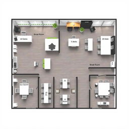 An architectural layout of a corporate office that incorporates all specified areas: an administrative office with 10 desks, a break room featuring 10 desks, a sales department equipped with 5 desks, a human resources department containing 5 desks, a large meeting room accommodating 20 desks, and a second break room with 10 desks