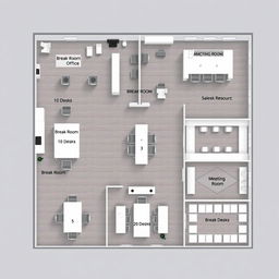 An architectural layout of a corporate office that incorporates all specified areas: an administrative office with 10 desks, a break room featuring 10 desks, a sales department equipped with 5 desks, a human resources department containing 5 desks, a large meeting room accommodating 20 desks, and a second break room with 10 desks