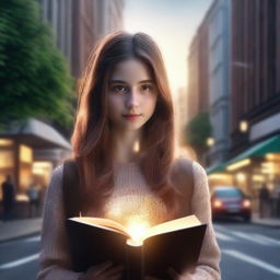 A hyper-realistic 4K image portraying a girl with long brown hair holding a book, surrounded by a glowing ring of light