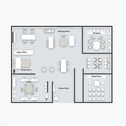 An architectural layout of a corporate office that incorporates all specified areas: an administrative office with 10 desks, a break room featuring 10 desks, a sales department equipped with 5 desks, a human resources department containing 5 desks, a large meeting room accommodating 20 desks, and a second break room with 10 desks