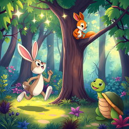 A lively scene set in a vibrant, magical forest where Max the rabbit is energetically running, looking up at twinkling stars just out of reach
