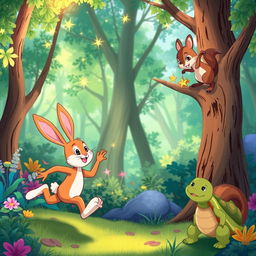 A lively scene set in a vibrant, magical forest where Max the rabbit is energetically running, looking up at twinkling stars just out of reach