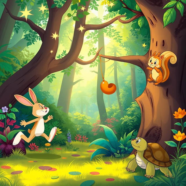 A lively scene set in a vibrant, magical forest where Max the rabbit is energetically running, looking up at twinkling stars just out of reach