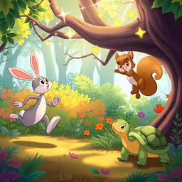 A lively scene set in a vibrant, magical forest where Max the rabbit is energetically running, looking up at twinkling stars just out of reach