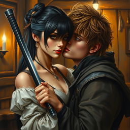 A captivating oil painting of a fantasy character couple, featuring a 24-year-old Japanese samurai with sleek black hair and dark hazel eyes