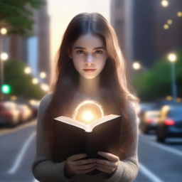 A hyper-realistic 4K image portraying a girl with long brown hair holding a book, surrounded by a glowing ring of light