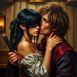 A captivating oil painting of a fantasy character couple, featuring a 24-year-old Japanese samurai with sleek black hair and dark hazel eyes