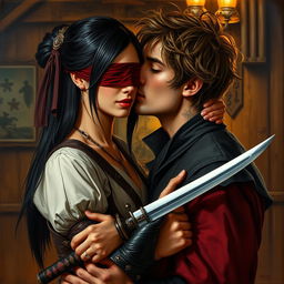 A captivating oil painting of a fantasy character couple, featuring a 24-year-old Japanese samurai with sleek black hair and dark hazel eyes