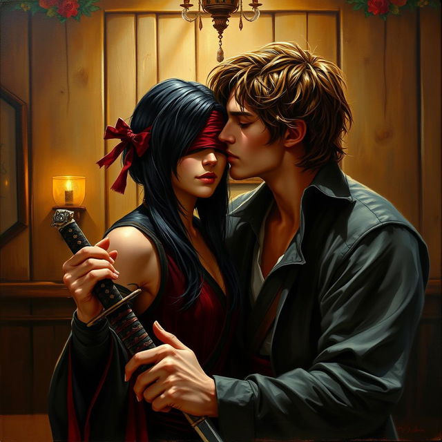 A captivating oil painting of a fantasy character couple, featuring a 24-year-old Japanese samurai with sleek black hair and dark hazel eyes