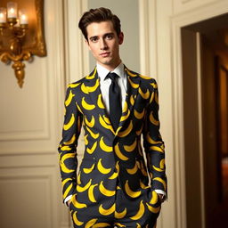 A stylish formal suit featuring a playful banana print, tailored to perfection