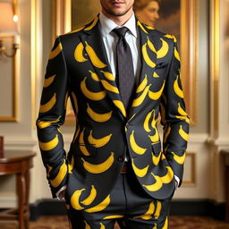 A stylish formal suit featuring a playful banana print, tailored to perfection