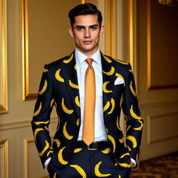 A stylish formal suit featuring a playful banana print, tailored to perfection