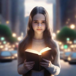 A hyper-realistic 4K image portraying a girl with long brown hair holding a book, surrounded by a glowing ring of light