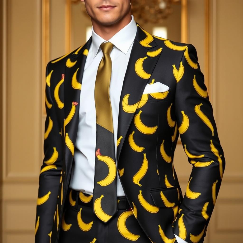 A stylish formal suit featuring a playful banana print, tailored to perfection