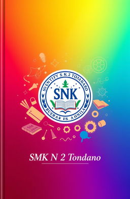 A visually striking cover design featuring the emblem of SMK N 2 Tondano prominently displayed in the center