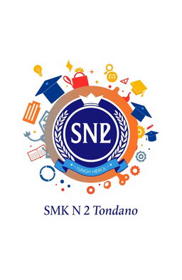 A visually striking cover design featuring the emblem of SMK N 2 Tondano prominently displayed in the center