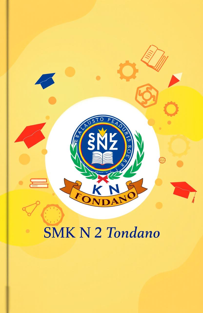 A visually striking cover design featuring the emblem of SMK N 2 Tondano prominently displayed in the center