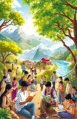 A vibrant and immersive learning journey, showcasing diverse landscapes ranging from lush green forests and majestic mountains to bustling urban cities and serene beaches