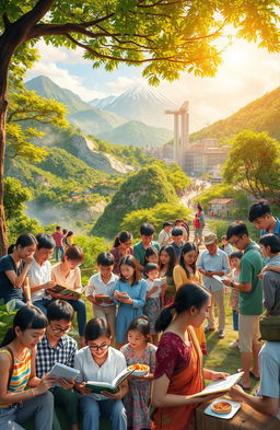 A vibrant and immersive learning journey, showcasing diverse landscapes ranging from lush green forests and majestic mountains to bustling urban cities and serene beaches