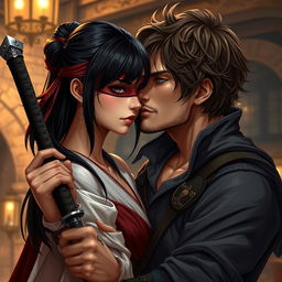 A stunning piece of art depicting a fantasy character couple, featuring a 24-year-old Japanese samurai with sleek black hair and intense dark hazel eyes