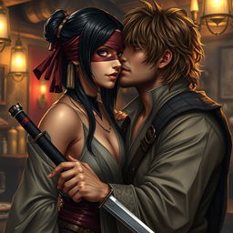 A stunning piece of art depicting a fantasy character couple, featuring a 24-year-old Japanese samurai with sleek black hair and intense dark hazel eyes