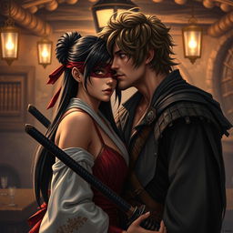 A stunning piece of art depicting a fantasy character couple, featuring a 24-year-old Japanese samurai with sleek black hair and intense dark hazel eyes