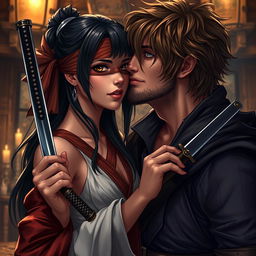 A stunning piece of art depicting a fantasy character couple, featuring a 24-year-old Japanese samurai with sleek black hair and intense dark hazel eyes