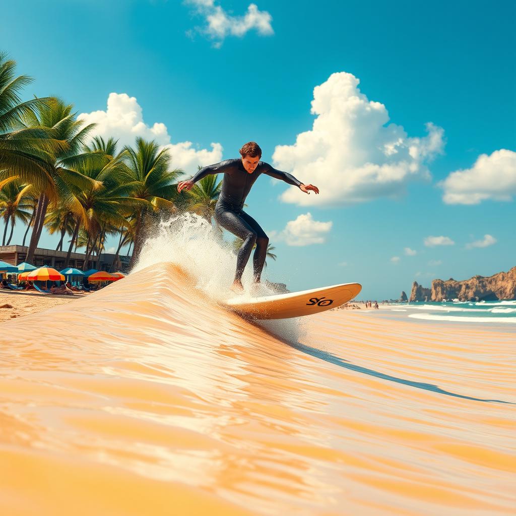 A vibrant scene depicting a skilled surfer riding a massive wave on a sunny day at a beautiful beach