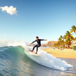 A vibrant scene depicting a skilled surfer riding a massive wave on a sunny day at a beautiful beach
