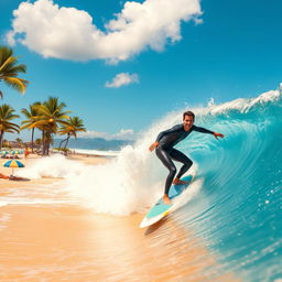 A vibrant scene depicting a skilled surfer riding a massive wave on a sunny day at a beautiful beach