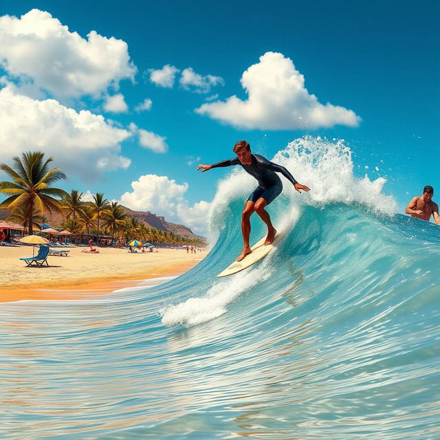 A vibrant scene depicting a skilled surfer riding a massive wave on a sunny day at a beautiful beach