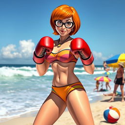 A strong, confident Velma Dinkley from Scooby-Doo, wearing a colorful bikini and boxing gloves, standing on a sunny beach