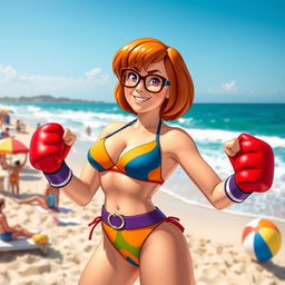 A strong, confident Velma Dinkley from Scooby-Doo, wearing a colorful bikini and boxing gloves, standing on a sunny beach