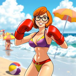 A strong, confident Velma Dinkley from Scooby-Doo, wearing a colorful bikini and boxing gloves, standing on a sunny beach