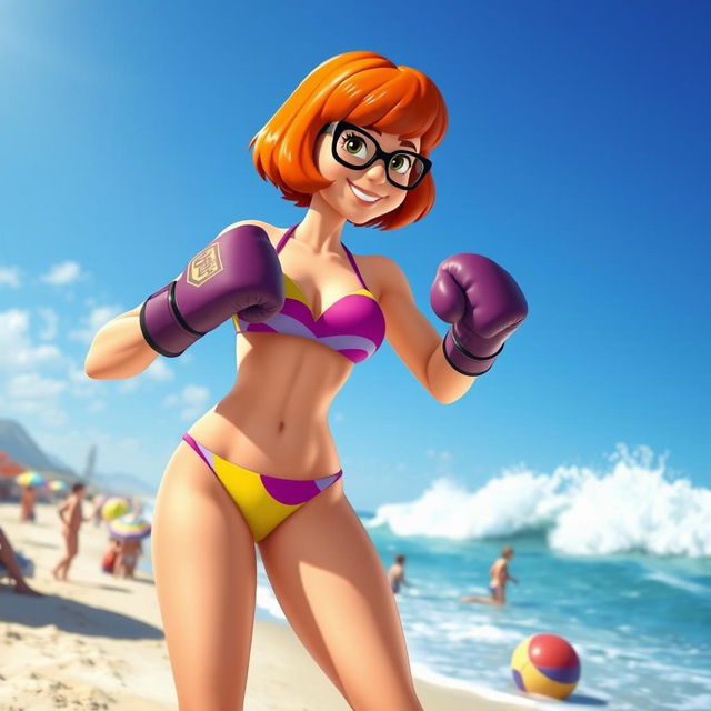 A strong, confident Velma Dinkley from Scooby-Doo, wearing a colorful bikini and boxing gloves, standing on a sunny beach