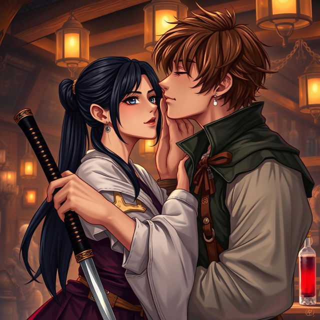 A vivid illustration of a fantasy character couple, featuring a 24-year-old Japanese samurai woman and a 29-year-old Italian rogue-mercenary from the 17th century