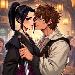 A vivid illustration of a fantasy character couple, featuring a 24-year-old Japanese samurai woman and a 29-year-old Italian rogue-mercenary from the 17th century